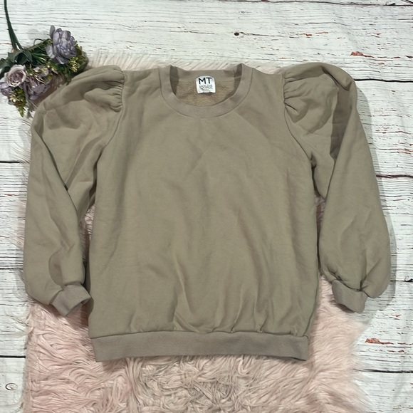 Madeleine Thompson Taupe Puff Sleeve Crewneck Classic Sweatshirt - Picture 3 of 9
